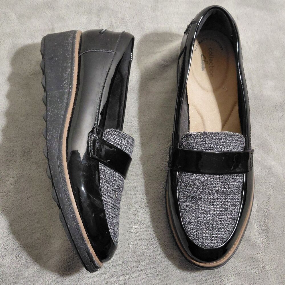 Clarks Collection Sharon Gracie Wedge Penny Loafers Womens 9 M Black Gray Tweed